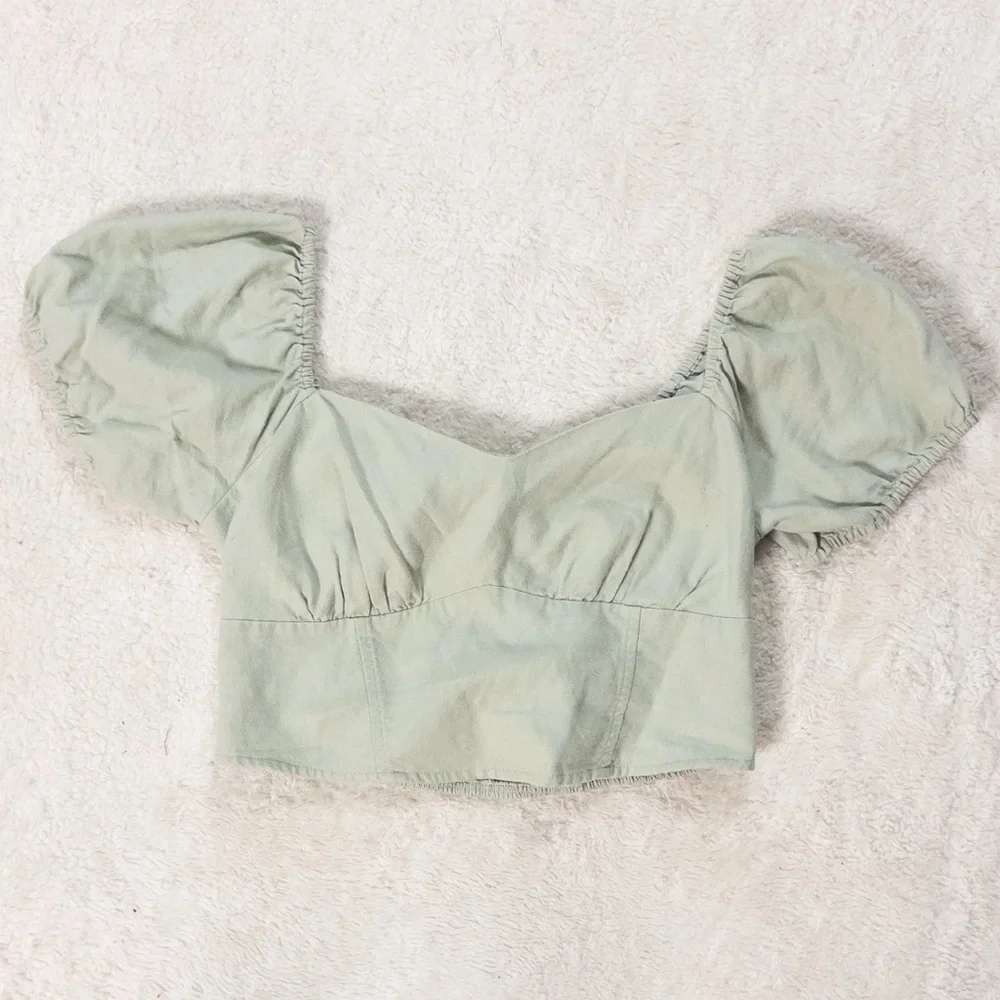 Hollister Sage Green Puff Sleeve Crop Top Linen Blend Size Large